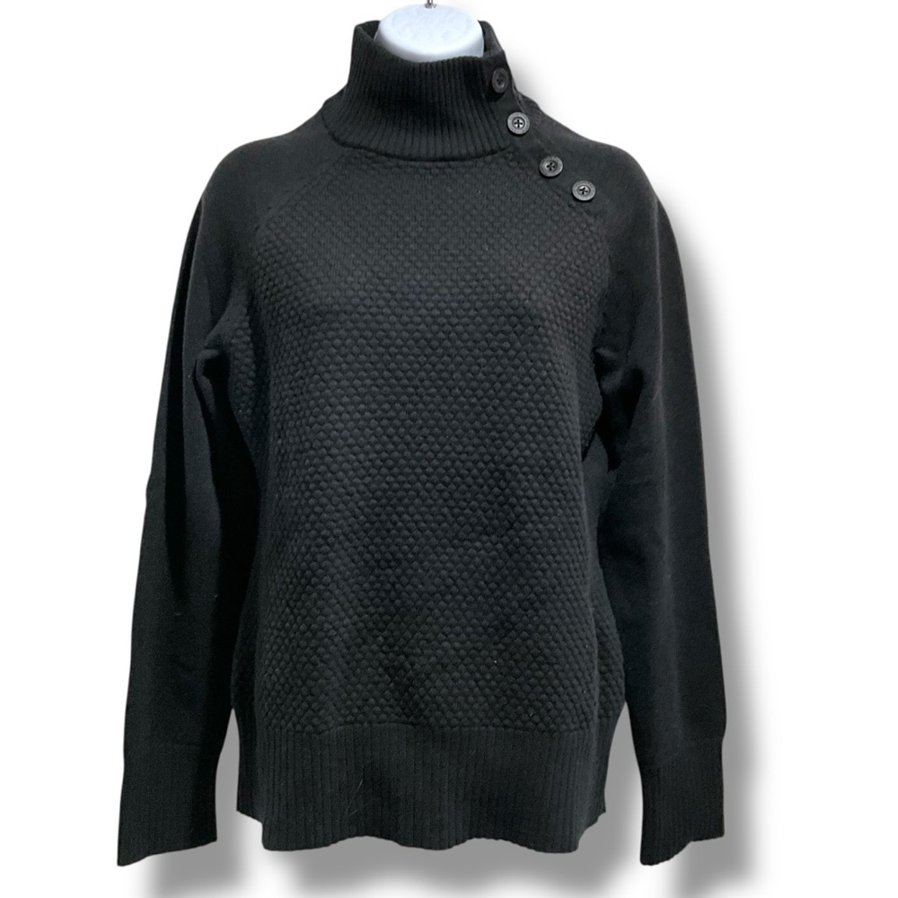 The North Face Turtleneck Sweater Button Shoulder Black Textured Wool Blend Sz L